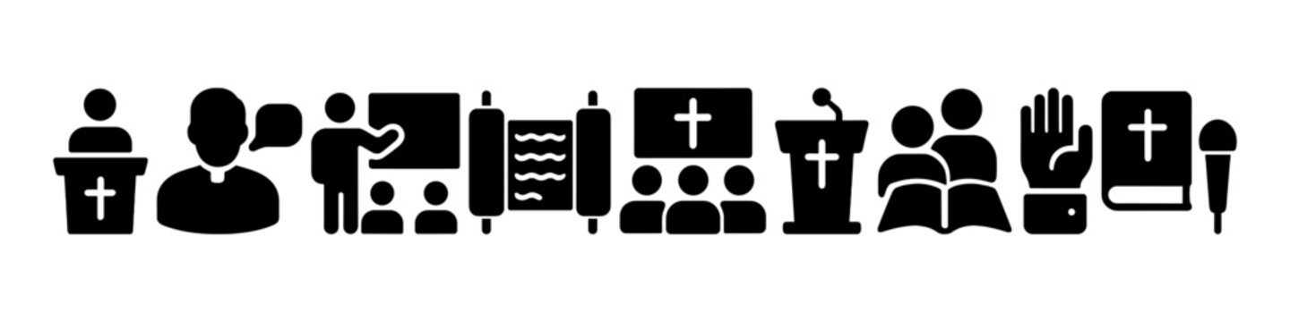 Icon set representing church activities and religious meetings with various symbols
