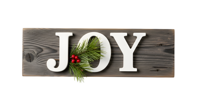 Rustic wooden sign with white letters spelling joy decorated with greenery and red berries isolated on transparent background - Powered by Adobe