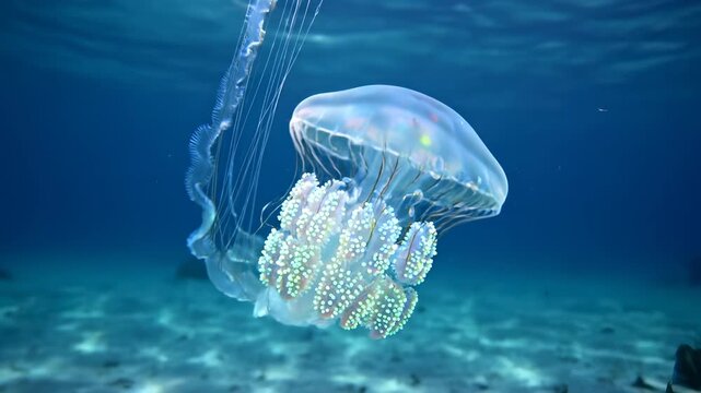 Two Transparent Jellyfish Floating Gracefully Underwater