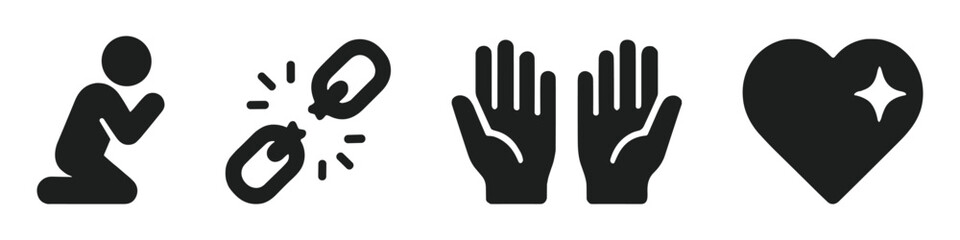 Obraz premium Set of icons: prayer, broken chains, open hands, sparkling heart