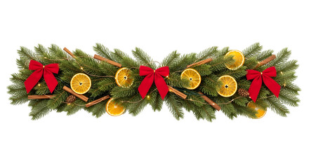 Festive christmas garland with pine branches red bows dried orange slices and cinnamon sticks isolated on transparent background