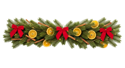Festive christmas garland with pine branches red bows dried orange slices and cinnamon sticks isolated on transparent background