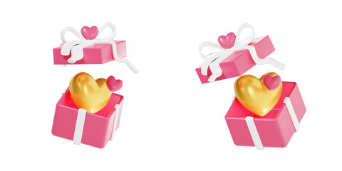 3D Open Gift Box Icon with Golden Heart