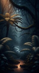 Mystical Jungle Stream with Lush Vegetation and Dense Foliage