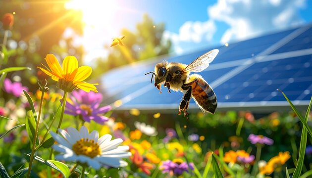 A bee mid-flight approaches wildflowers bathed in sun, with solar panels and a blue sky in the background - Powered by Adobe