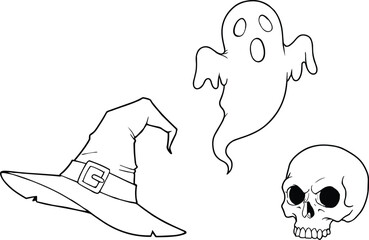 Halloween icons, witch hat, ghost, human skull, spooky vector line art, black and white, festive illustration, scary elements