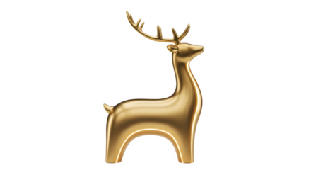 Shiny golden reindeer figurine with majestic antlers standing elegantly isolated on transparent background