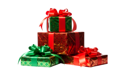 Stack of festive christmas gift boxes with red and green wrapping paper and ribbons isolated on transparent background