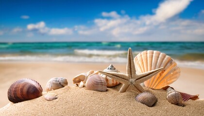 beach vacation assorted seashells on sandy shore