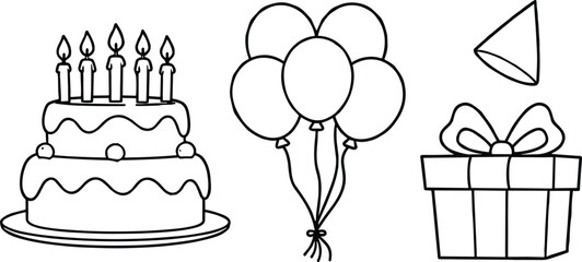 Birthday celebration icons, cake with candles, balloons, gift box, party hat, festive vector line art, black and white