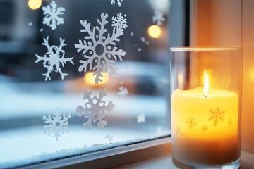 Frosted Glass Window with Snowflake Stickers and Candlelight
