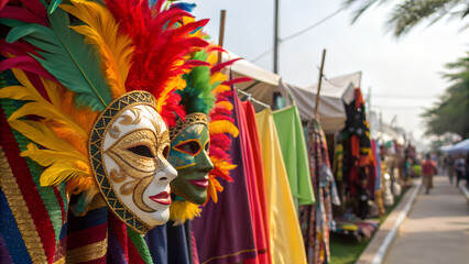 Obraz premium Vibrant masks and feathers from the Carnival of Barranquilla displayed on a market stall, colorful fabrics catching midday sun, layered composition with foreground details and blurred festive backgrou