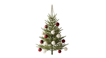 A decorated christmas tree with red and white ornaments isolated on transparent background
