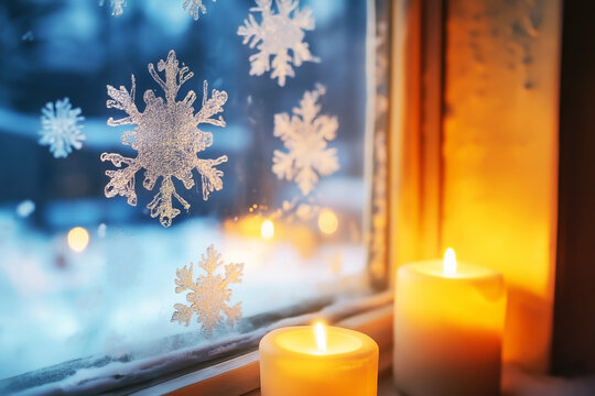 Frosted Glass Window with Snowflake Stickers and Candlelight - Powered by Adobe