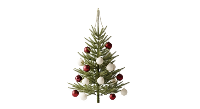 A decorated christmas tree with red and white ornaments isolated on transparent background