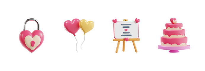 3D Wedding Celebration Icon Set with Cake and Balloons