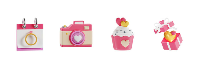 3D Wedding Planning Icon Collection with Camera and Gifts