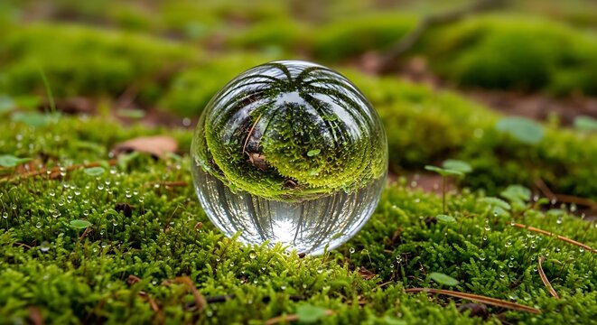 Forest microcosm reflected within crystal sphere on vibrant moss surface