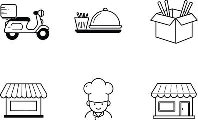 Restaurant icons, food delivery, storefront, chef hat, fast food tray, chopsticks box, vector line art, black and white