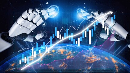 This striking image depicts robotic hands interacting with financial data and graphs, symbolizing...
