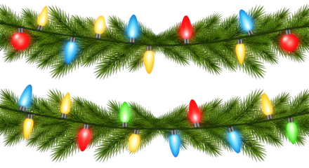 Festive christmas garland with colorful lights and evergreen branches isolated on transparent background