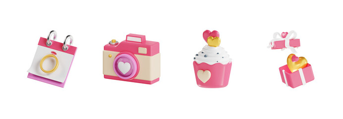 3D Wedding Planning Icon Collection with Camera and Gifts