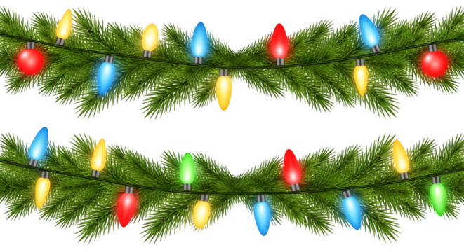 Festive christmas garland with colorful lights and evergreen branches isolated on transparent background