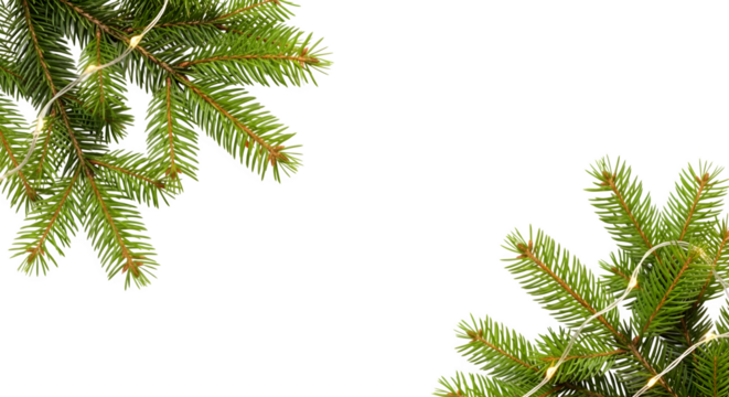 Festive christmas tree branches adorned with delicate white string lights isolated on transparent background