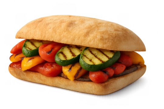 Grilled vegetables sandwich on ciabatta bread with zucchini, bell pepper, and tomato, a vegetarian and healthy meal