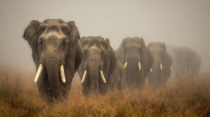Obraz premium Elephant Herd Walks Through Thick Fog on a Cinematic Safari in the Early Morning Light