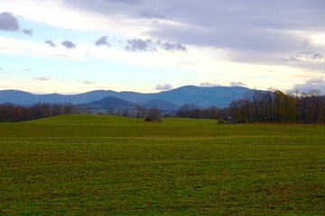 Widok na czeskie góry otoczone zielonymi łąkami. Delikatne pagórki i naturalne światło tworzą spokojny, malowniczy krajobraz z wyraźną głębią i harmonią natury. © Adam
