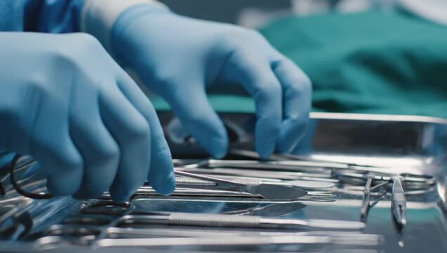 Surgeon hands in blue gloves arranging surgical instruments
