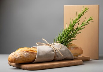 Artisan bread loaf wrapped in burlap with fresh rosemary sprig on a wooden cutting board, rustic food photography
