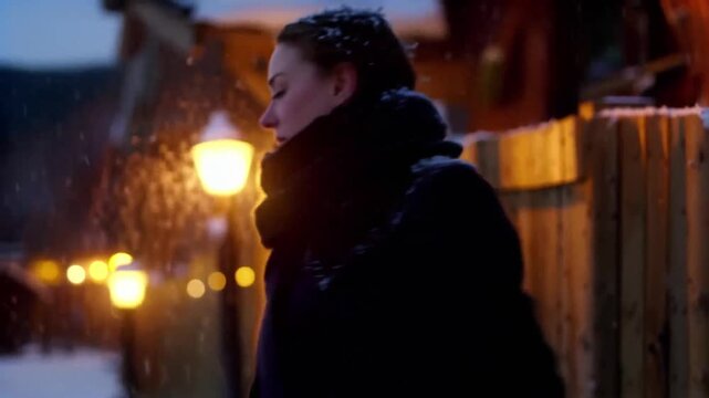 Woman in felt boots standing on snowy village path in twilight