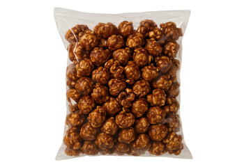 Obraz premium Caramel popcorn in a clear plastic bag, sweet dessert snack for movie nights, party treats, and leisure time