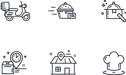 Food delivery icons, scooter, steaming pot, gourmet dish, location pin, chef hat, home service, fast cooking, vector line art