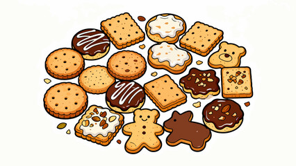 A collection of various cookies, with cartoon hand-drawn vector illustrations, including cream cookies, chocolate cookies, baked cookies, cookies, butter cookies, and sandwich cookies