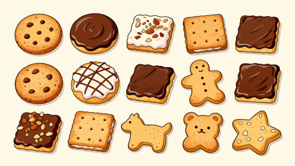 A collection of various cookies, with cartoon hand-drawn vector illustrations, including cream cookies, chocolate cookies, baked cookies, cookies, butter cookies, and sandwich cookies