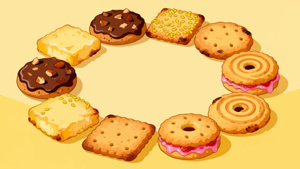 A collection of various cookies, with cartoon hand-drawn vector illustrations, including cream cookies, chocolate cookies, baked cookies, cookies, butter cookies, and sandwich cookies