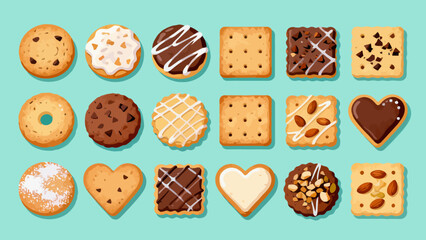 A collection of various cookies, with cartoon hand-drawn vector illustrations, including cream cookies, chocolate cookies, baked cookies, cookies, butter cookies, and sandwich cookies