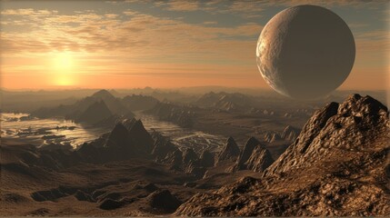 Alien planet landscape with a large moon at sunrise. Science fiction illustration of a rocky, mountainous world. Extraterrestrial space exploration concept