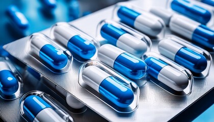 blue and white capsules in blister packaging n modern pharmaceutical production line