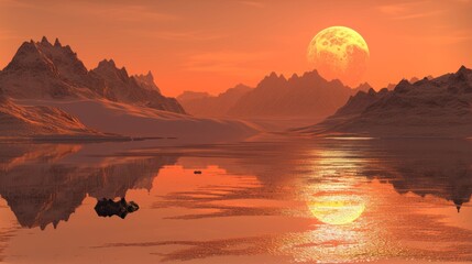 Alien planet landscape with a large moon at sunset. Extraterrestrial world with mountains and water reflection. Science fiction fantasy background