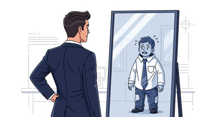 Man facing mirror reflecting younger, worried self