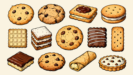 A collection of various cookies, with cartoon hand-drawn vector illustrations, including cream cookies, chocolate cookies, baked cookies, cookies, butter cookies, and sandwich cookies