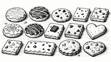 A collection of various cookies, with cartoon hand-drawn vector illustrations, including cream cookies, chocolate cookies, baked cookies, cookies, butter cookies, and sandwich cookies