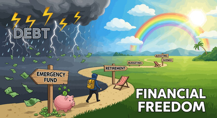 Financial freedom path with debt storm and budgeting signs © satria