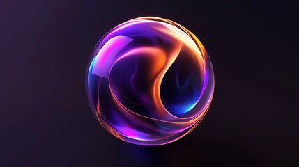 Abstract glowing sphere with swirling fluid energy. Futuristic 3d orb in vibrant purple, orange, and blue light. Modern digital art background