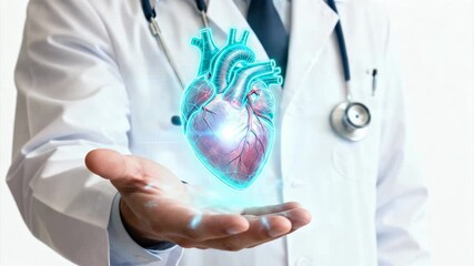 Doctor holding digital holographic heart, futuristic medical technology concept for cardiology and healthcare innovation. - Powered by Adobe