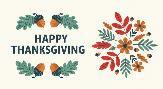 Festive "Happy Thanksgiving" text surrounded by stylized acorn, leaf, and flower illustrations, representative of autumnal harvest celebration